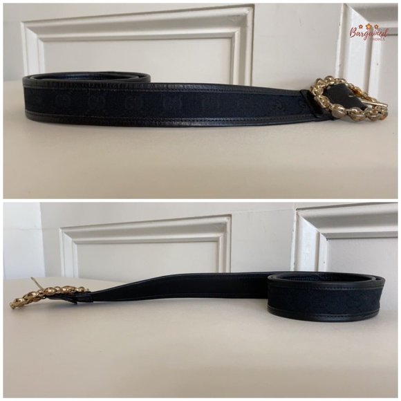 Authentic Gucci Black Monogram Canvas Leather Gold Chain Buckle Belt Size 85/34 - Picture 10 of 13